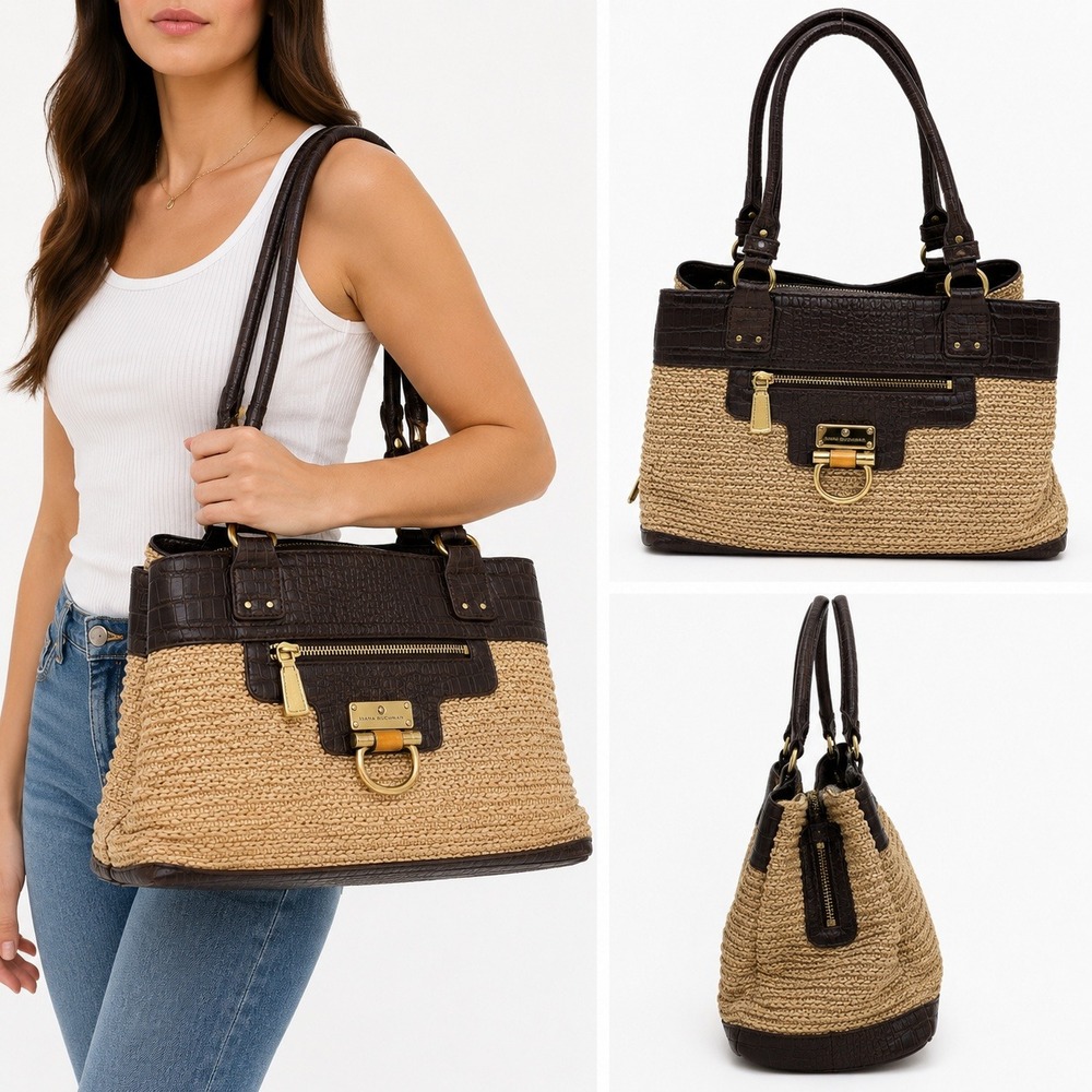 Dana Buchman Straw Raffia Shoulder Bag Brown Croc Leather Satchel Tote
